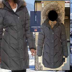London Fog Slated Water Resistance Remove Hooded Faux-Fur Down Puffer Coat Sz: S